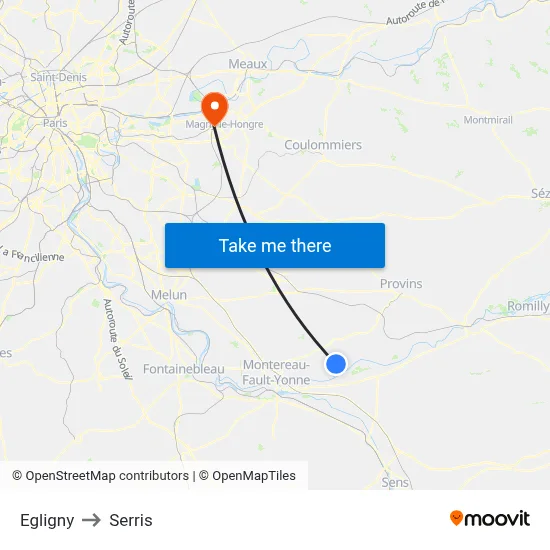 Egligny to Serris map