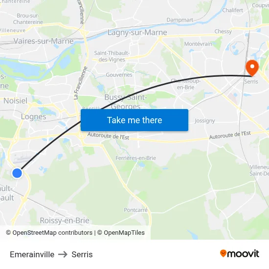 Emerainville to Serris map