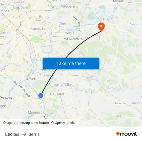 Etiolles to Serris map