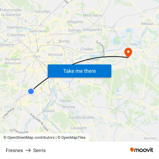 Fresnes to Serris map