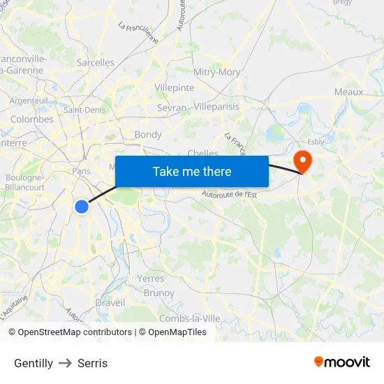 Gentilly to Serris map