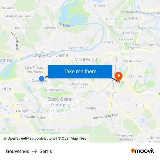Gouvernes to Serris map