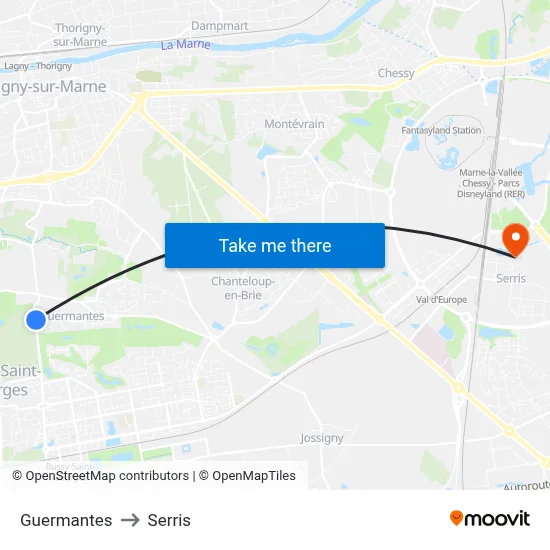 Guermantes to Serris map