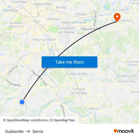 Guibeville to Serris map