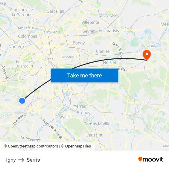 Igny to Serris map
