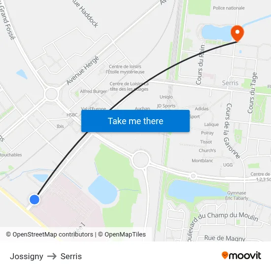 Jossigny to Serris map