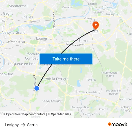 Lesigny to Serris map