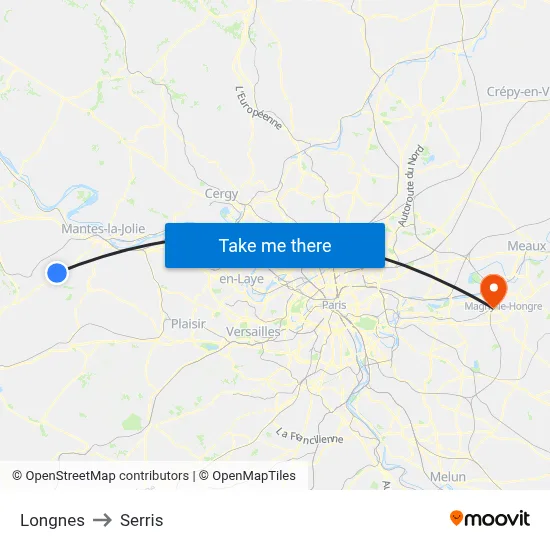 Longnes to Serris map