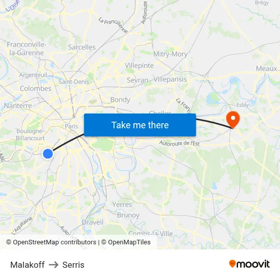 Malakoff to Serris map