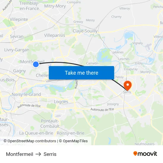 Montfermeil to Serris map