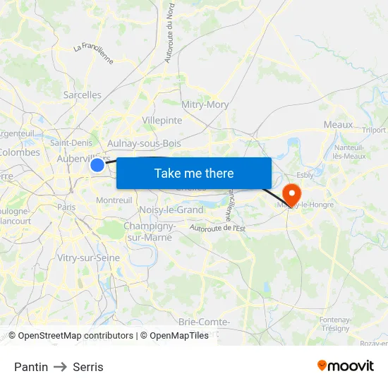 Pantin to Serris map