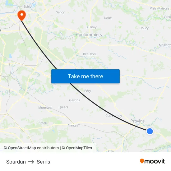 Sourdun to Serris map