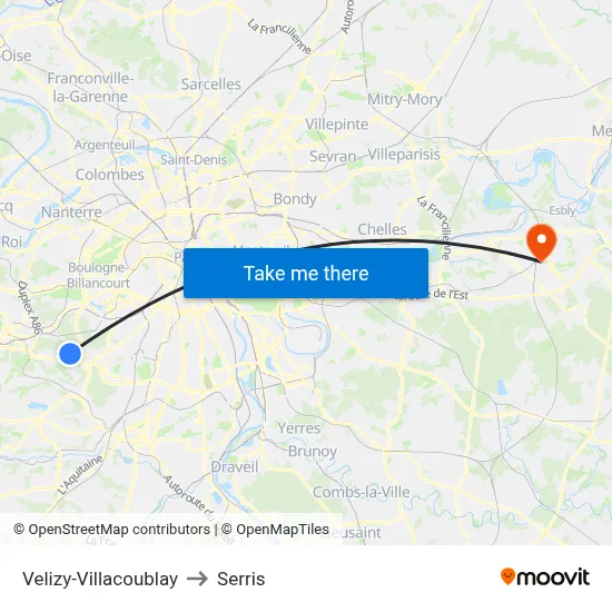 Velizy-Villacoublay to Serris map