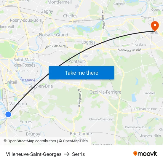Villeneuve-Saint-Georges to Serris map