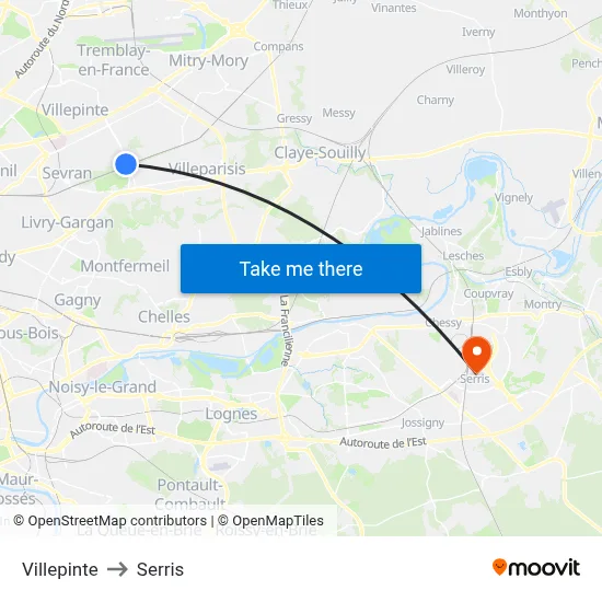 Villepinte to Serris map