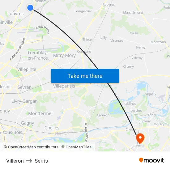 Villeron to Serris map