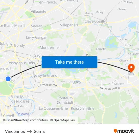 Vincennes to Serris map