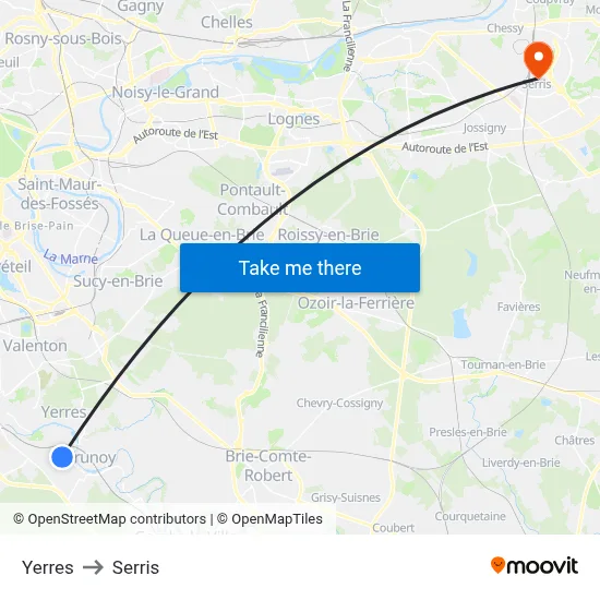 Yerres to Serris map