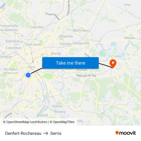 Denfert-Rochereau to Serris map
