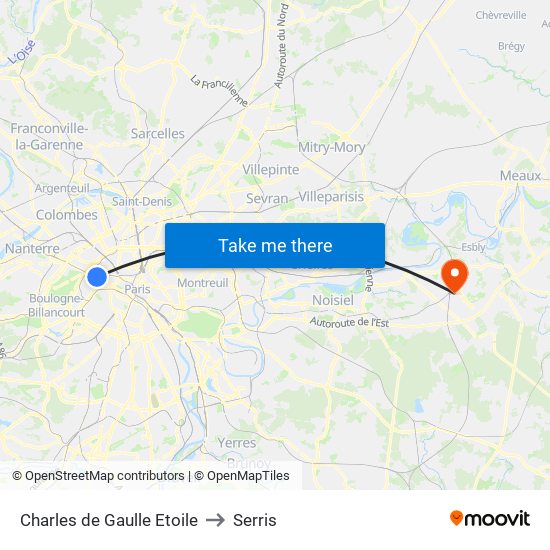 Charles de Gaulle Etoile to Serris map