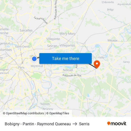 Bobigny - Pantin - Raymond Queneau to Serris map