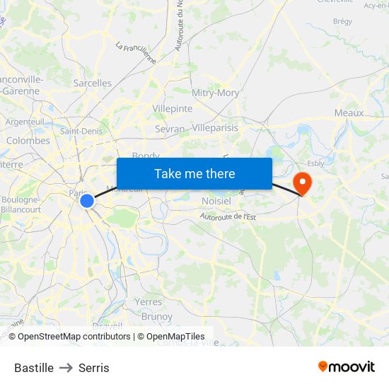 Bastille to Serris map