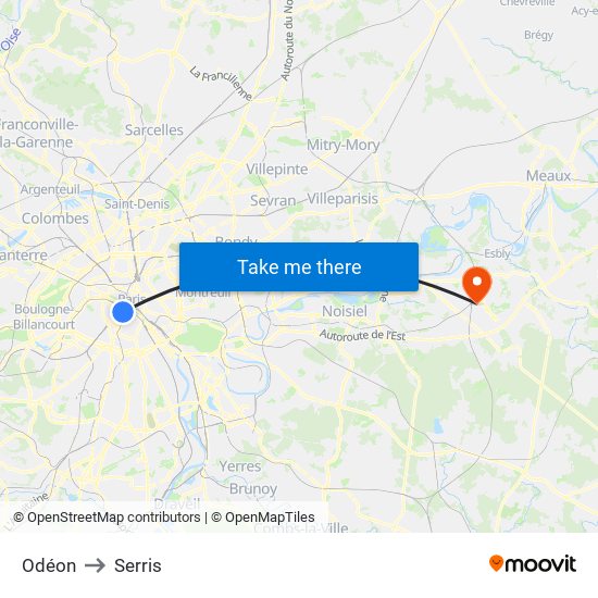 Odéon to Serris map
