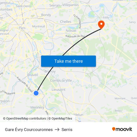 Gare Évry Courcouronnes to Serris map