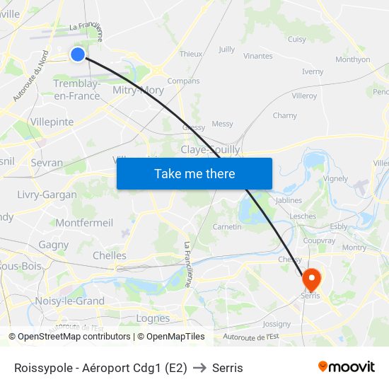 Roissypole - Aéroport Cdg1 (E2) to Serris map