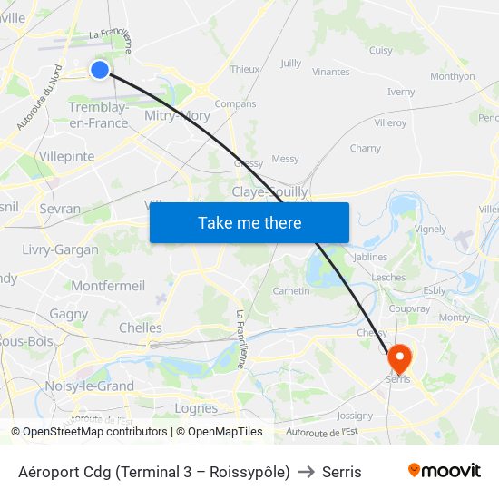 Aéroport Cdg (Terminal 3 – Roissypôle) to Serris map