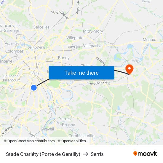 Stade Charléty (Porte de Gentilly) to Serris map