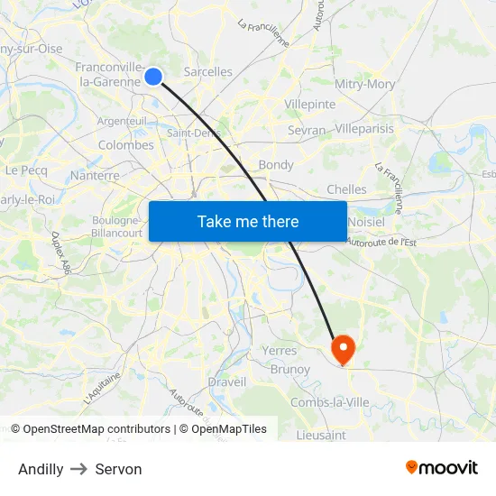 Andilly to Servon map