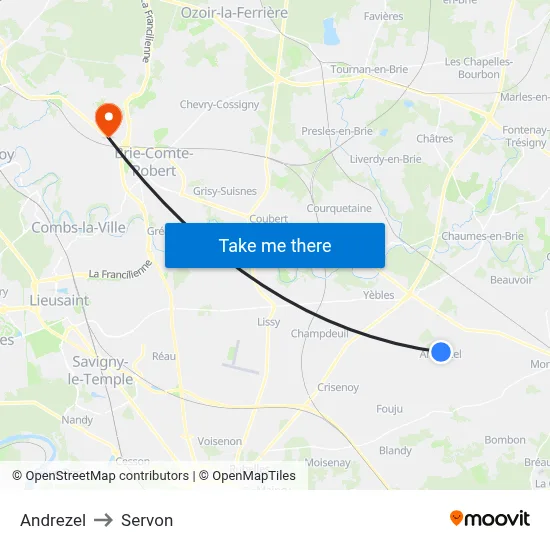 Andrezel to Servon map