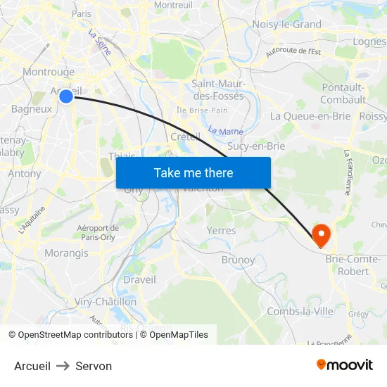 Arcueil to Servon map