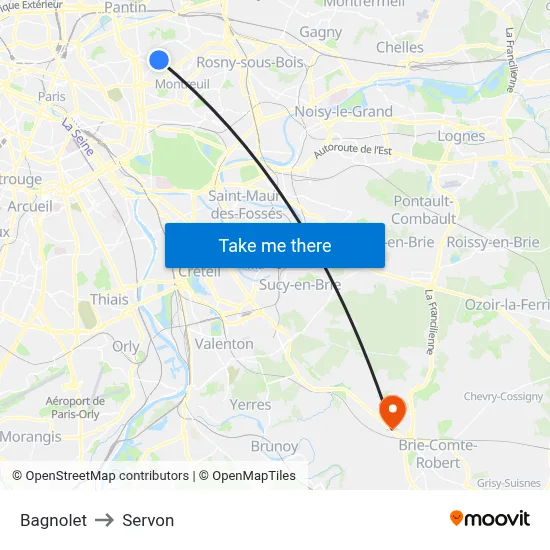 Bagnolet to Servon map