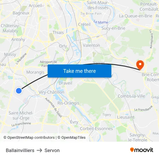 Ballainvilliers to Servon map