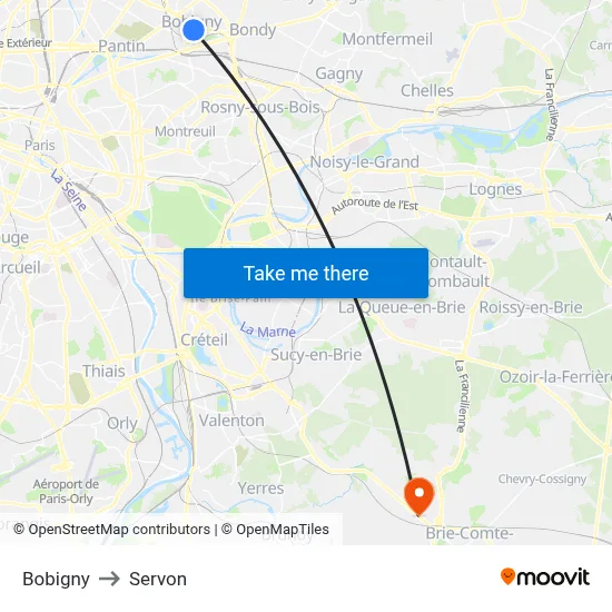 Bobigny to Servon map