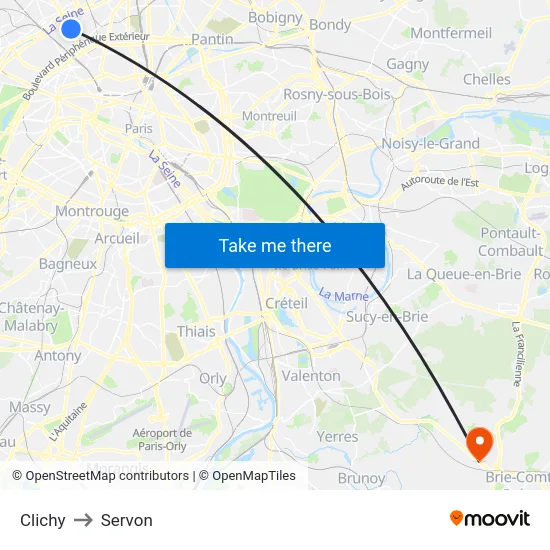 Clichy to Servon map