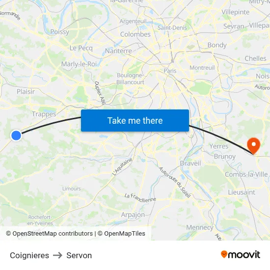 Coignieres to Servon map