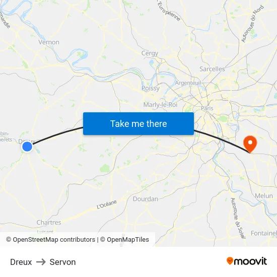 Dreux to Servon map