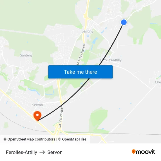 Ferolles-Attilly to Servon map