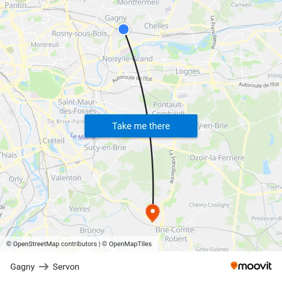 Gagny to Servon map