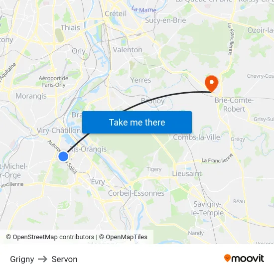 Grigny to Servon map