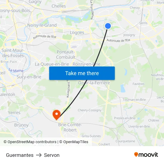 Guermantes to Servon map