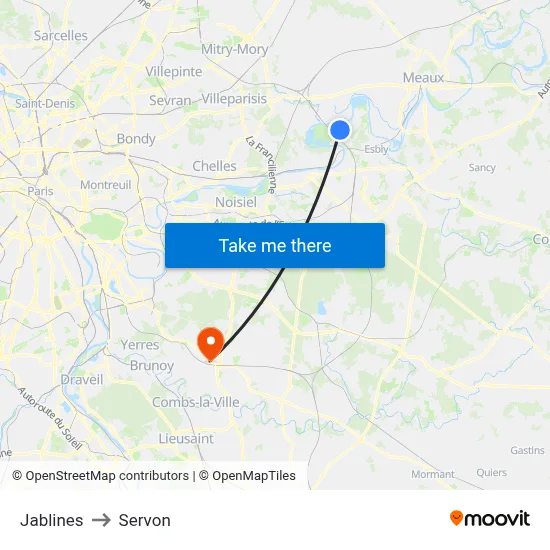 Jablines to Servon map