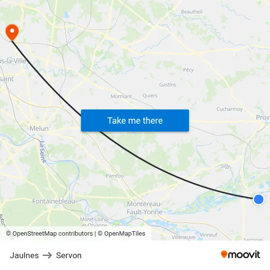 Jaulnes to Servon map