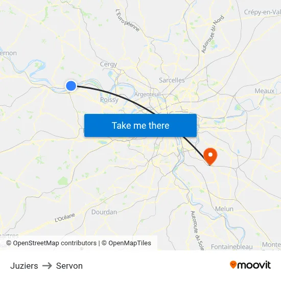 Juziers to Servon map