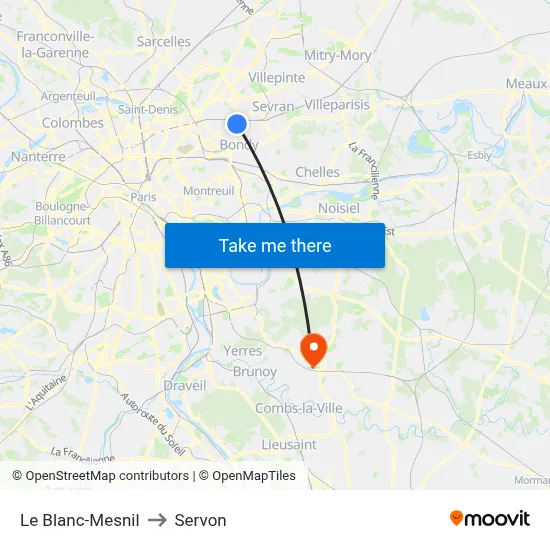 Le Blanc-Mesnil to Servon map
