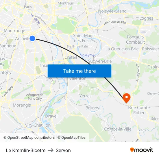 Le Kremlin-Bicetre to Servon map