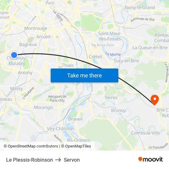 Le Plessis-Robinson to Servon map